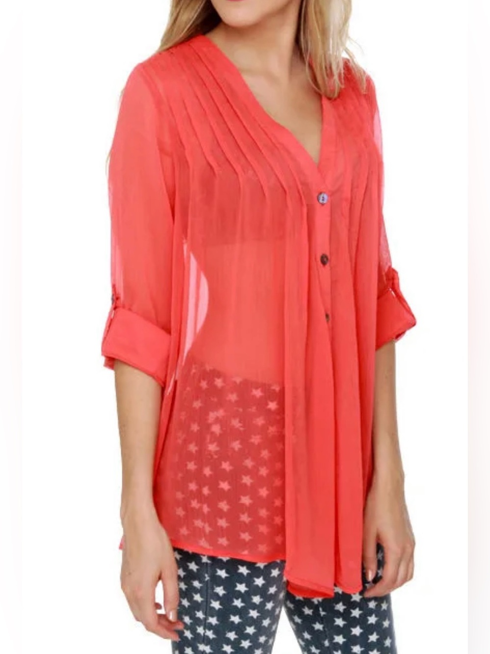 Gorgeous never worn 3/4 sleeve coral sheer blouse with front button detailing